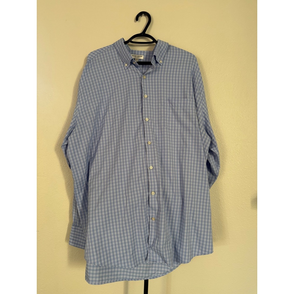 Peter Millar Summer Comfort Blue Plaid Button Down Shirt Mens XXL Long Sleeve